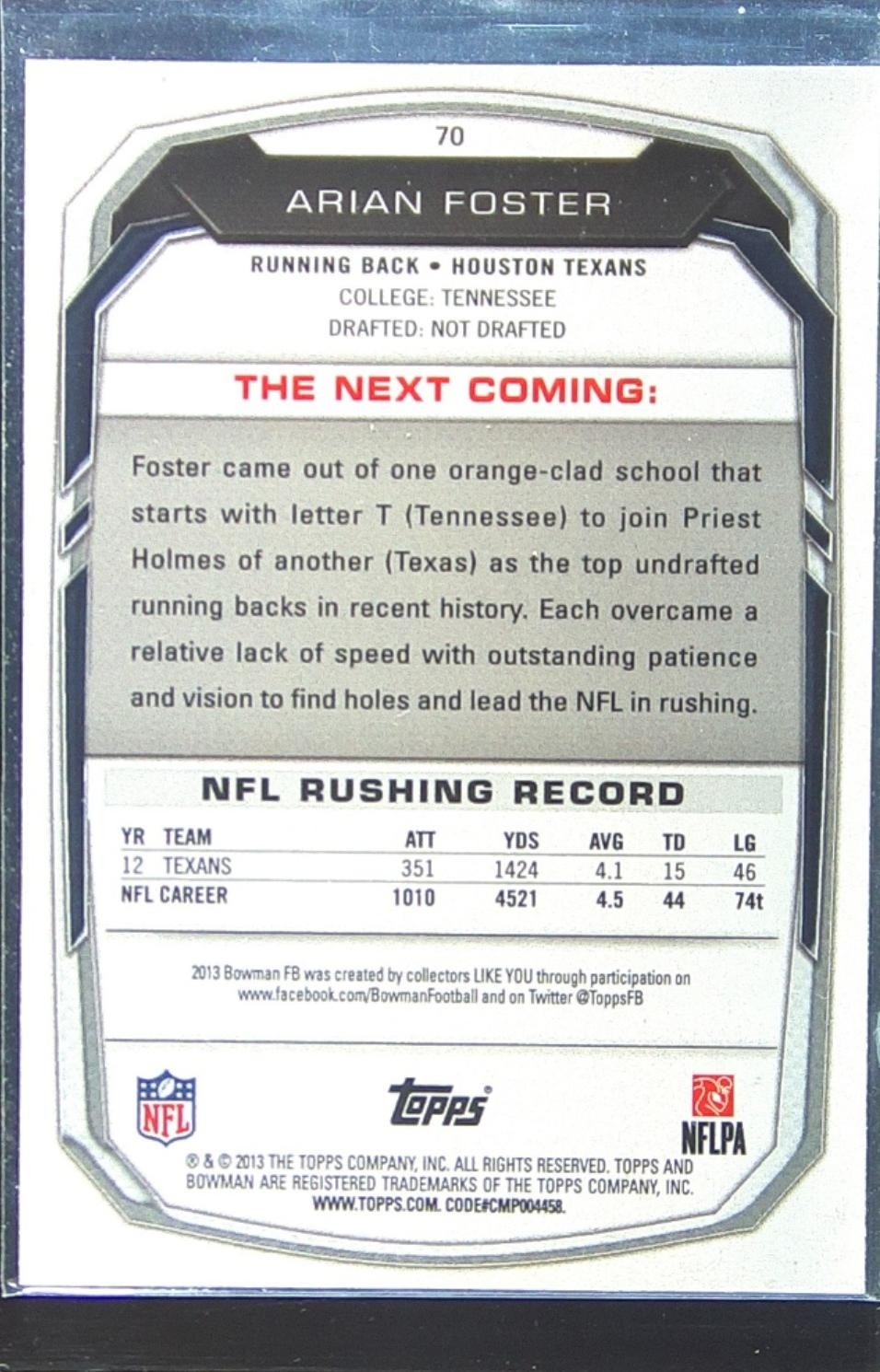 2013 Bowman Arian Foster Rainbow Black #70 Texans - Image 3