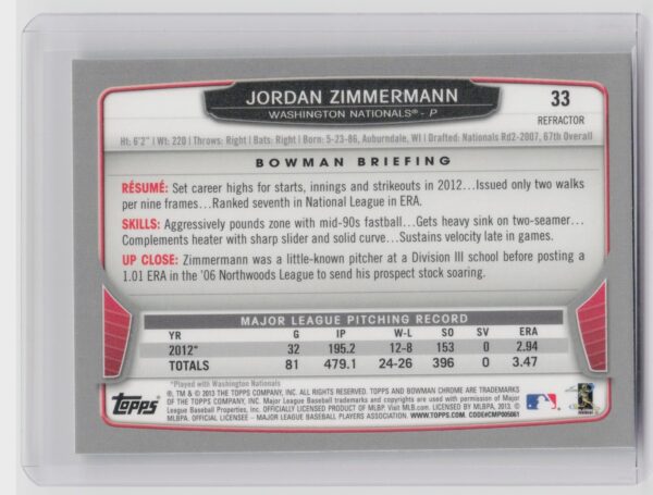 2013 Bowman Chrome Jordan Zimmermann Refractors #33 Nationals - Image 3