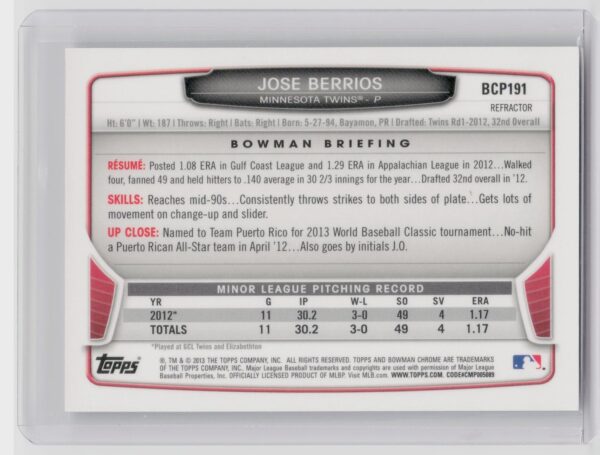 2013 Bowman Chrome Jose Berrios #BCP191 Twins Prospects Refractors - Image 3
