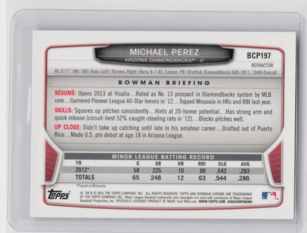 2013 Bowman Chrome Michael Perez #BCP197 Diamondbacks Prospects Green Refractors - Image 3