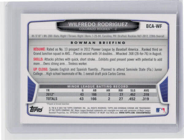 2013 Bowman Chrome Wilfredo Rodriguez AU #BCA-WF Rockies Prospects Autographs - Image 3