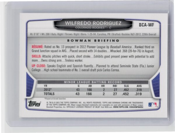 2013 Bowman Chrome Wilfredo Rodriguez AU #BCA-WF Rockies Prospects Autographs - Image 3