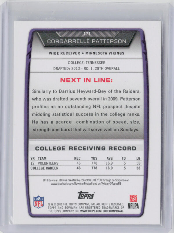 2013 Bowman Cordarrelle Patterson RC #171 Vikings - Image 3