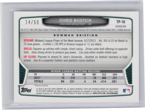 2013 Bowman Draft Picks & Prospects Chris Bostick SN50 #TP-16 Athletics Chrome T - Image 3