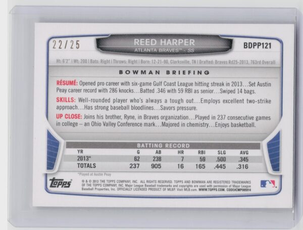 2013 Bowman Draft Picks & Prospects Reed Harper #BDPP121 Braves Red Ice /25 - Image 3