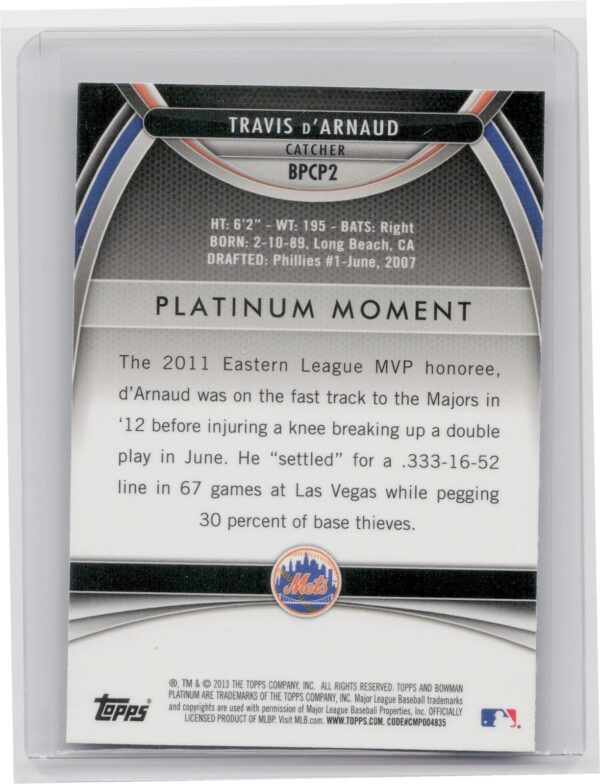 2013 Bowman Platinum Travis d'Arnaud #BPCP2 Mets Chrome Prospects Purple Refract - Image 3