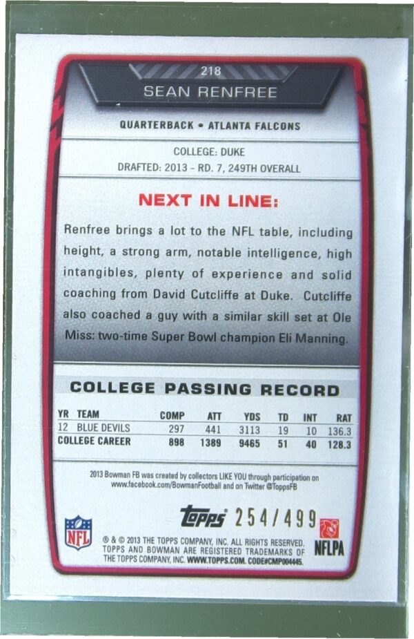 2013 Bowman Sean Renfree Rainbow Blue /499 RC #218 Falcons - Image 3