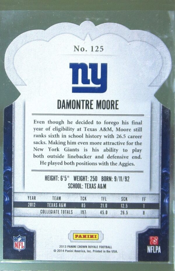 2013 Crown Royale Damontre Moore Bronze Holo (Die Cut Crown) /299 RC #125 Giants - Image 3