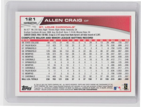 2013 Topps Chrome Allen Craig Orange Refractors #121 Cardinals - Image 3