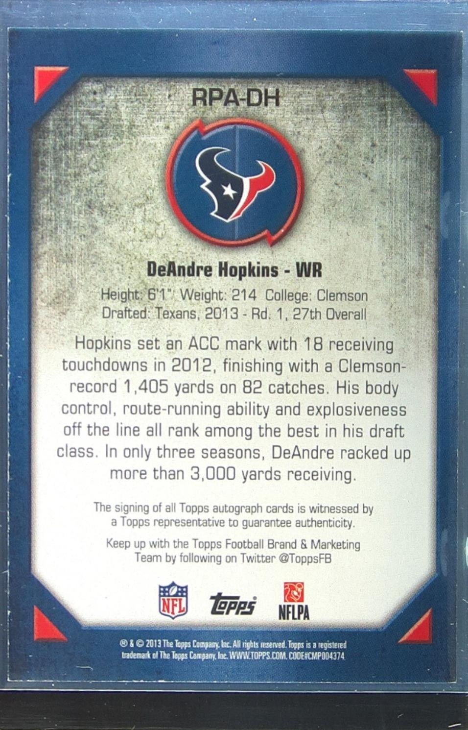 2013 Topps DeAndre Hopkins Auto /10 RC #RPA-DH Texans Rookie Autographs Red - Image 3
