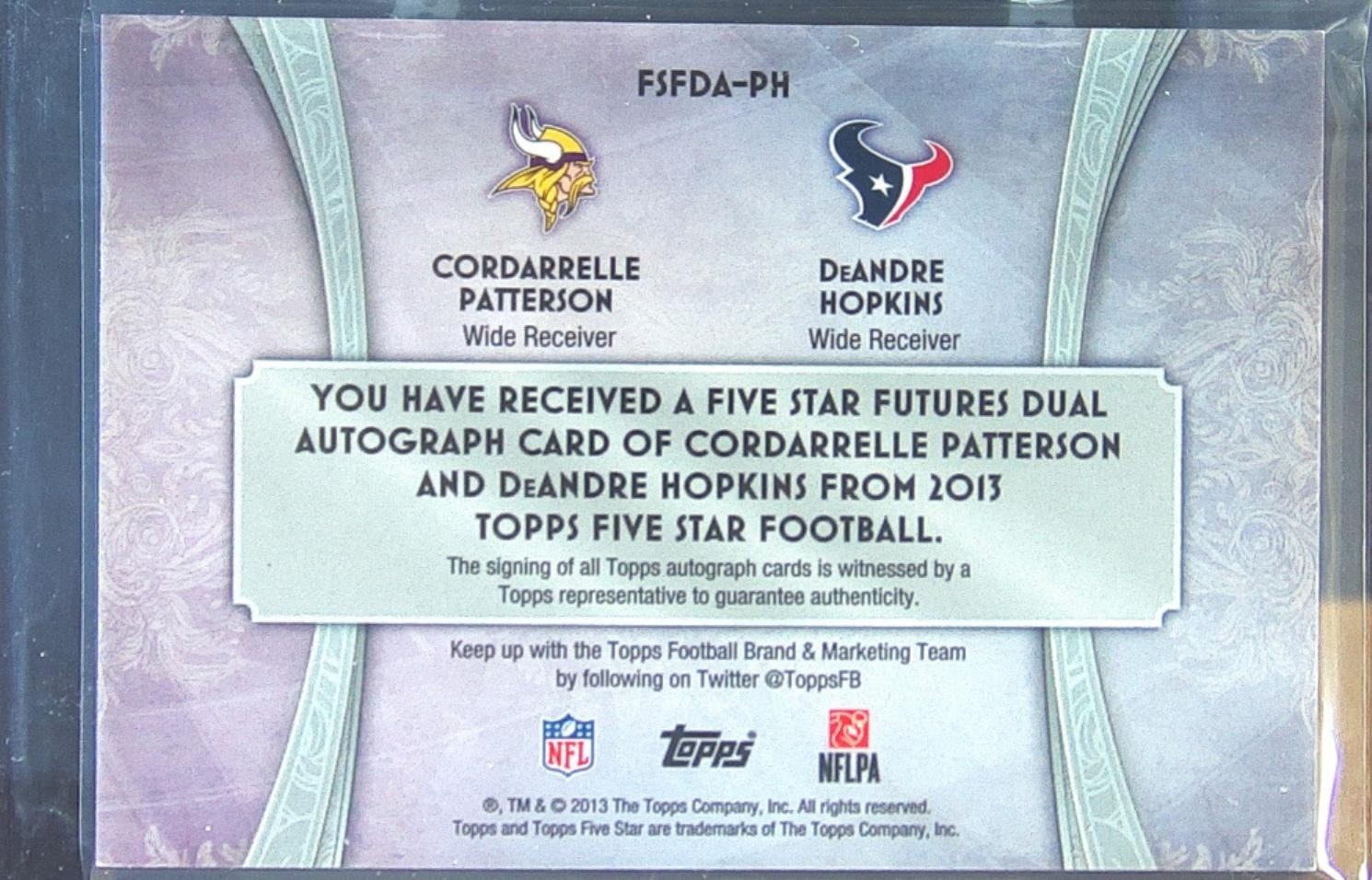 2013 Topps Five Star Hopkins / Patterson Auto /5 RC #FSFDA-PH Rainbow - Image 3