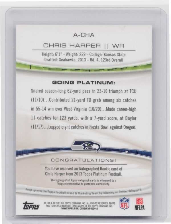 2013 Topps Platinum Chris Harper AU #A-CHA Seahawks Rookie Autographs Refractors - Image 3