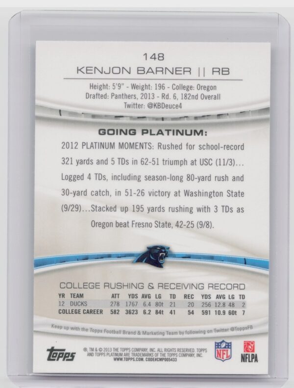 2013 Topps Platinum Kenjon Barner RC #148 Panthers - Image 3