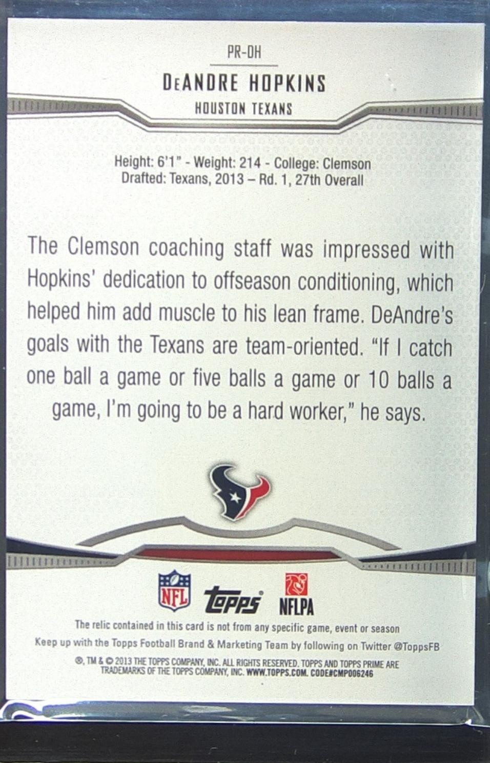 2013 Topps Prime DeAndre Hopkins /25 JSY RC #PR-DH Texans Relics Copper Rainbow - Image 3