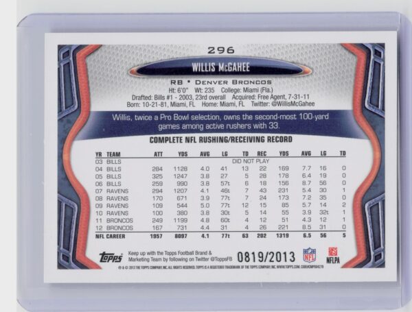 2013 Topps Willis McGahee Gold /2013 #296 Broncos - Image 3