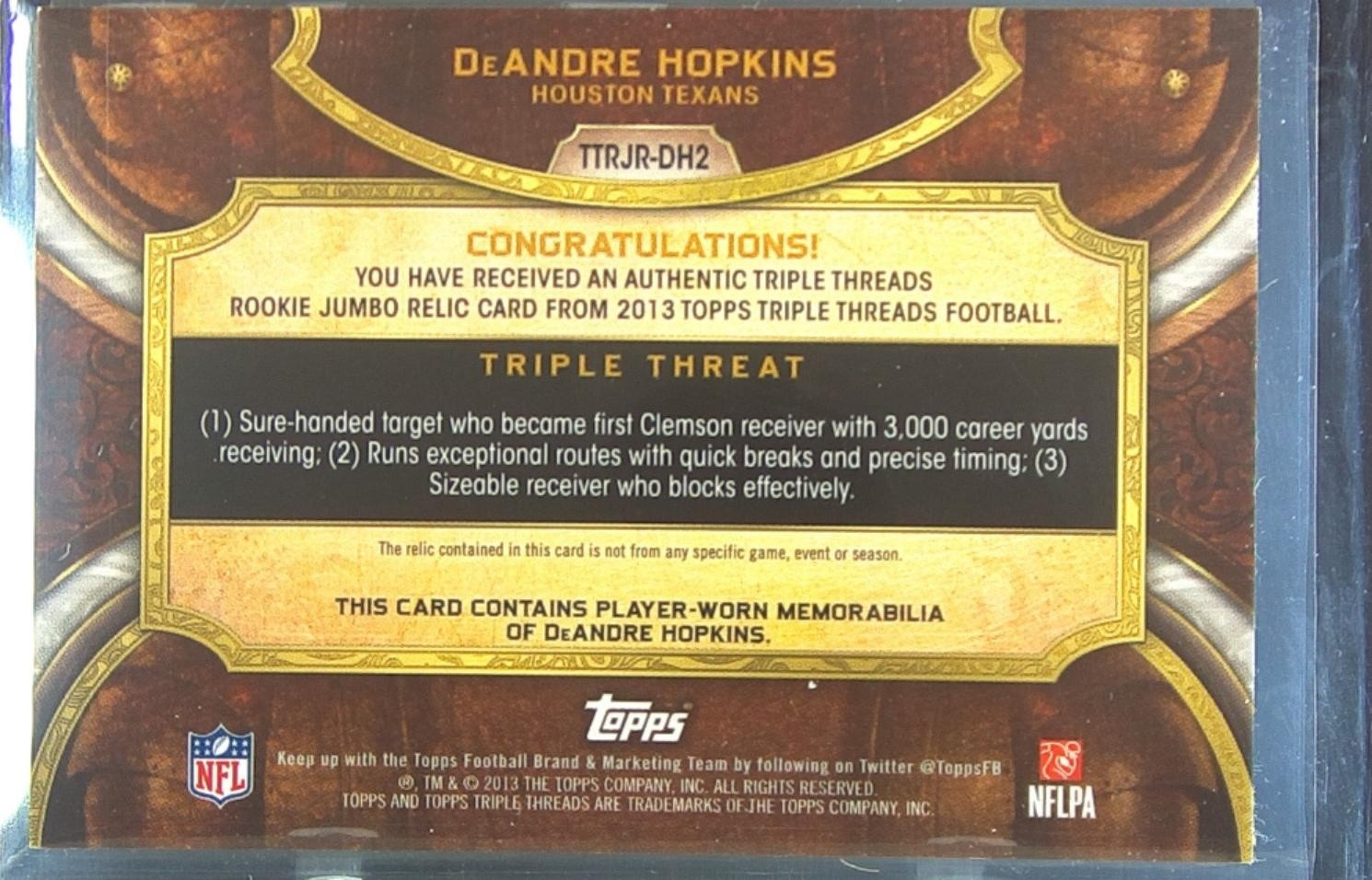 2013 Triple Threads DeAndre Hopkins /75 JSY RC #TTRJR-DH Texans Rookie Purple - Image 3