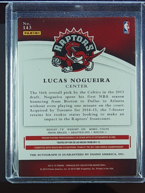 2014-15 Panini Immaculate Collection Lucas Nogueira AU RC SN99 #143 Raptors - Image 3