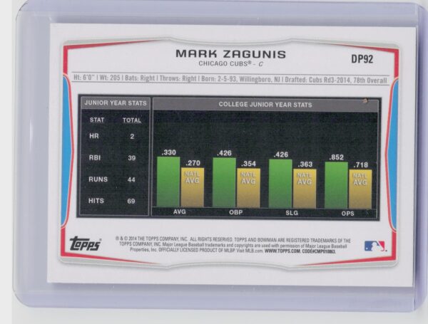 2014 Bowman Draft Mark Zagunis Silver Ice #DP92 Cubs - Image 3
