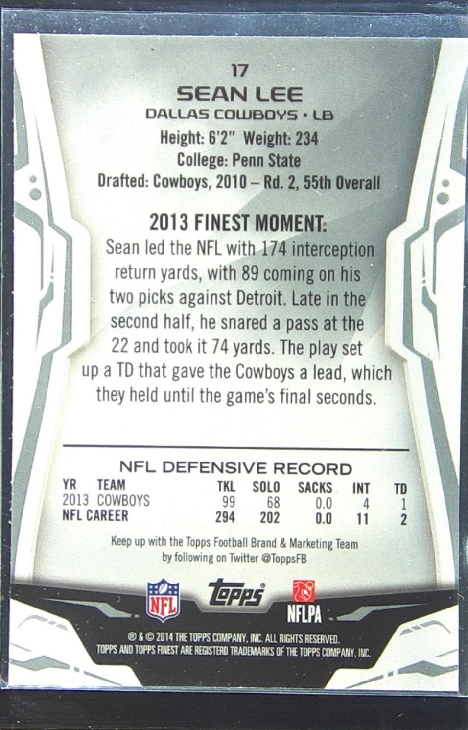 2014 Finest Sean Lee Refractors #17 Cowboys - Image 3