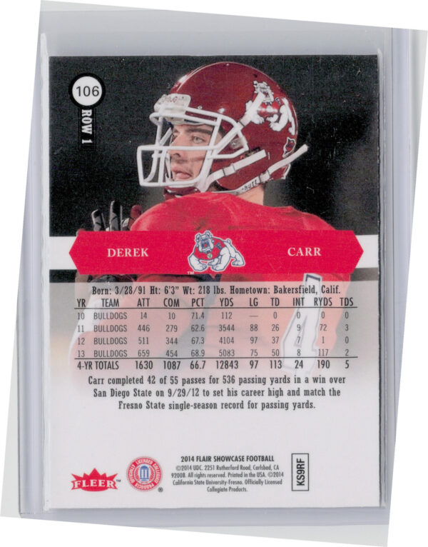 2014 Flair Showcase Derek Carr #106 Bulldogs - Image 3