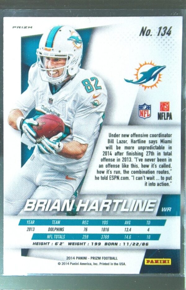 2014 Prizm Brian Hartline Blue Prizm #134 Dolphins - Image 3