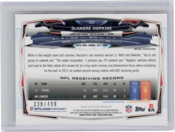 2014 Topps Chrome DeAndre Hopkins Camo Refractors SN499 #40 Texans - Image 3