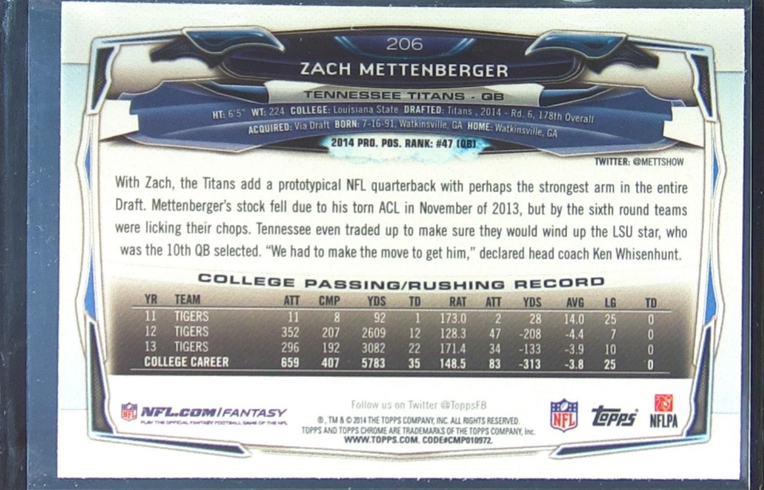 2014 Topps Chrome Zach Mettenberger Xfractors #206 Titans - Image 3