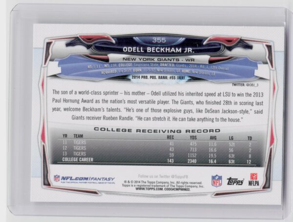 2014 Topps Odell Beckham Jr. Rookie RC #355 Giants - Image 3