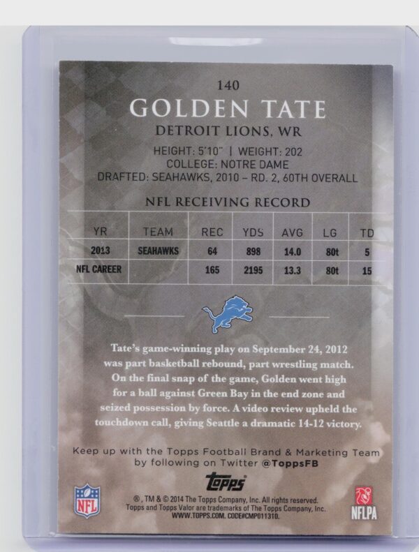 2014 Topps Valor Golden Tate Courage /399 #140 Lions - Image 3