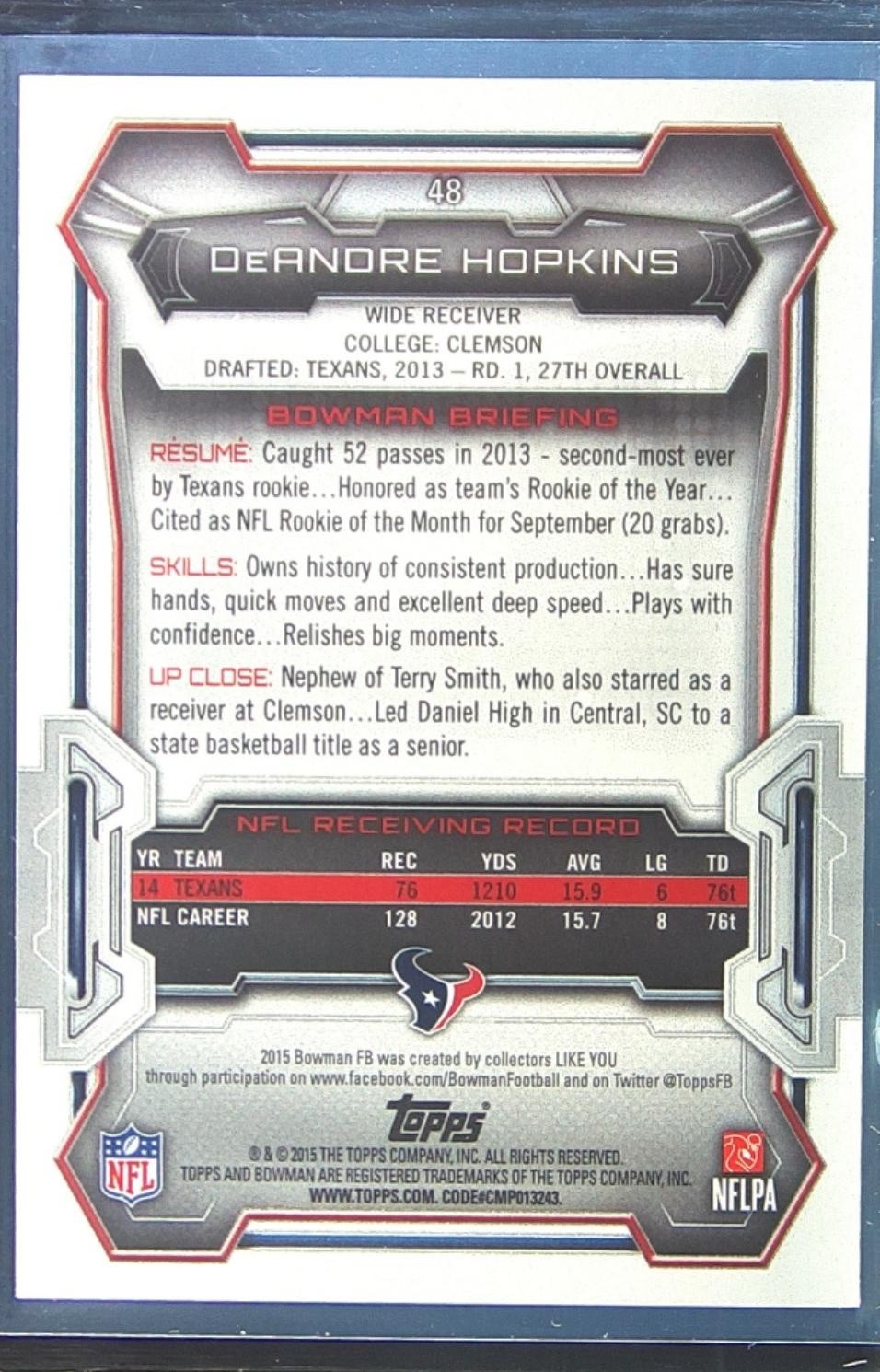 2015 Bowman DeAndre Hopkins Veterans Purple #48 Texans - Image 3
