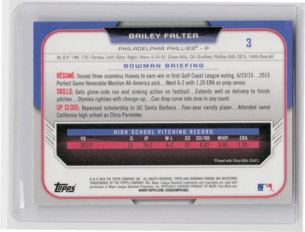 2015 Bowman Draft Bailey Falter Chrome Refractors #3 Phillies - Image 3