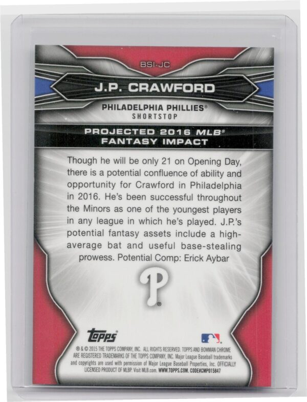 2015 Bowman Draft J.P. Crawford #BSI-JC Phillies Bowman Scouts' Fantasy Impacts - Image 3