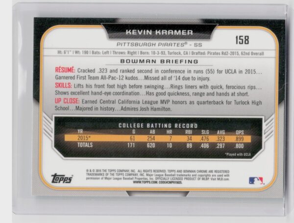 2015 Bowman Draft Kevin Kramer Chrome Blue Sky Refractors #158 Pirates - Image 3