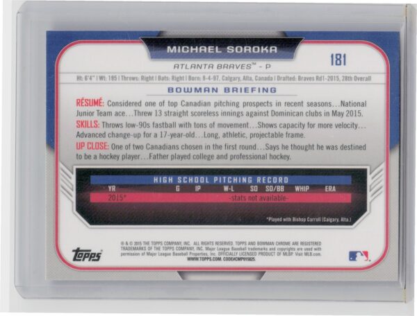 2015 Bowman Draft Michael Soroka #181 Braves - Image 3