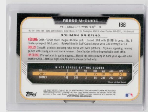 2015 Bowman Draft Reese McGuire Chrome Refractors #166 Pirates - Image 3