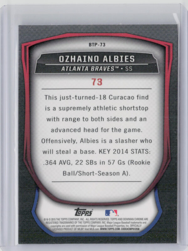 2015 Bowman Ozhaino Albies #BTP-73 Braves Bowman Scouts' Top 100 - Image 3