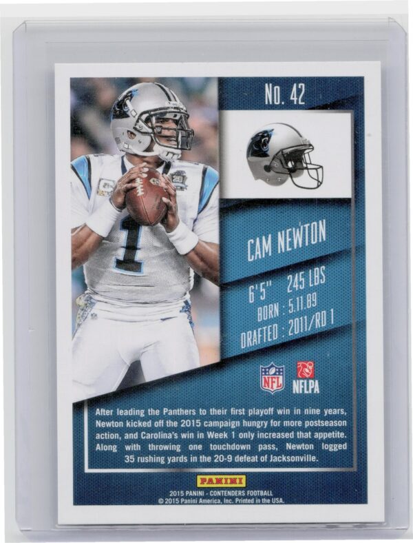 2015 Contenders Cam Newton Playoff Ticket /199 #42 Panthers - Image 3