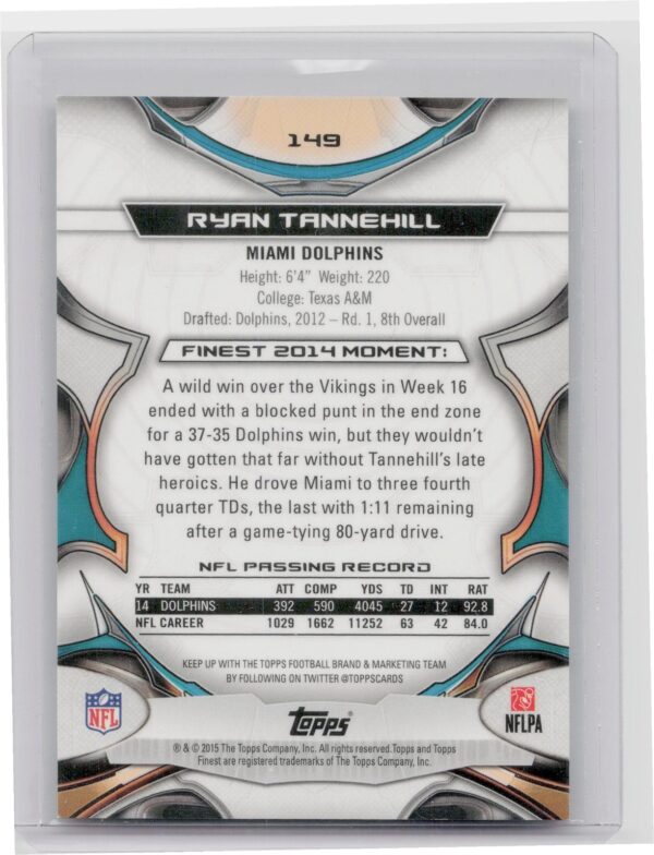 2015 Finest Ryan Tannehill Blue Refractor /250 #149 Dolphins - Image 3