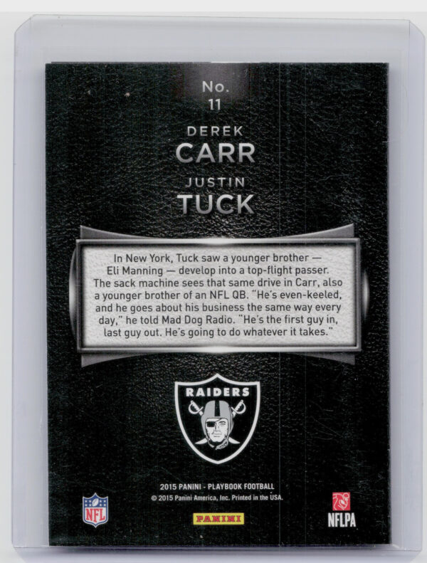 2015 Panini Playbook Justin Tuck / Derek Carr Platinum SN99 #11 Raiders - Image 3