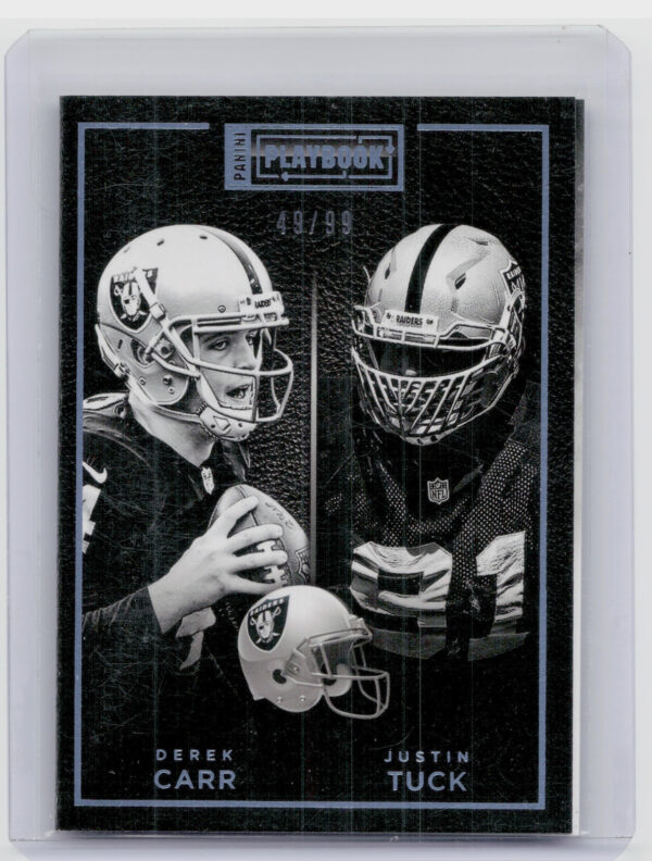 2015 Panini Playbook Justin Tuck / Derek Carr Platinum SN99 #11 Raiders