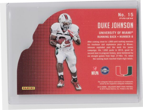 2015 Prizm Collegiate Draft Picks Duke Johnson #15 Hurricanes Helmet Die Cuts - Image 3