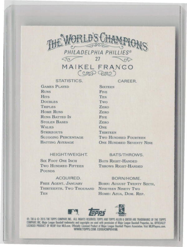 2015 Topps Allen & Ginter Maikel Franco #27 Phillies - Image 3