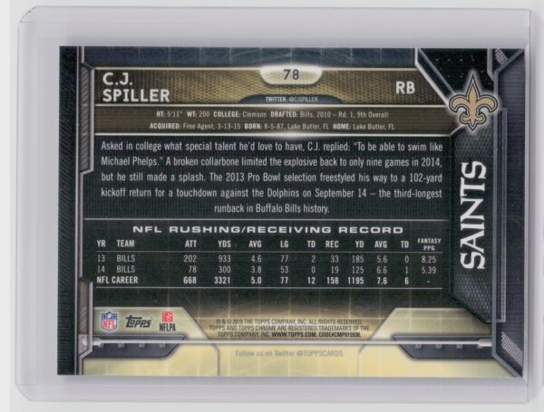 2015 Topps Chrome C.J. Spiller Xfractors #78 Saints - Image 3