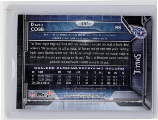 2015 Topps Chrome David Cobb AU #154 Titans Rookie Autographs - Image 3