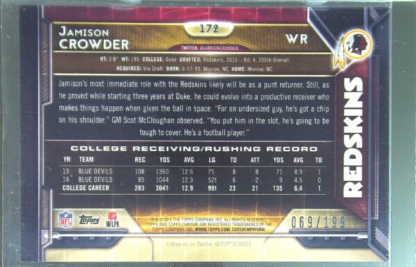 2015 Topps Chrome Jamison Crowder Blue Refractor /199 RC #172 Redskins - Image 3