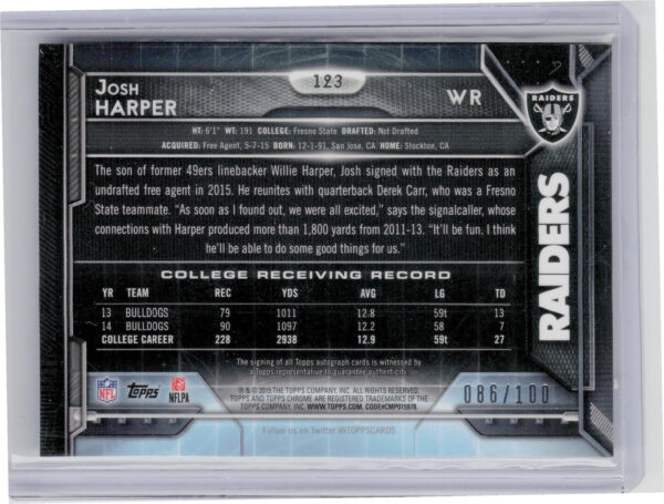 2015 Topps Chrome Josh Harper AU SN100 #123 Raiders Rookie Autographs Sepia Gold - Image 3