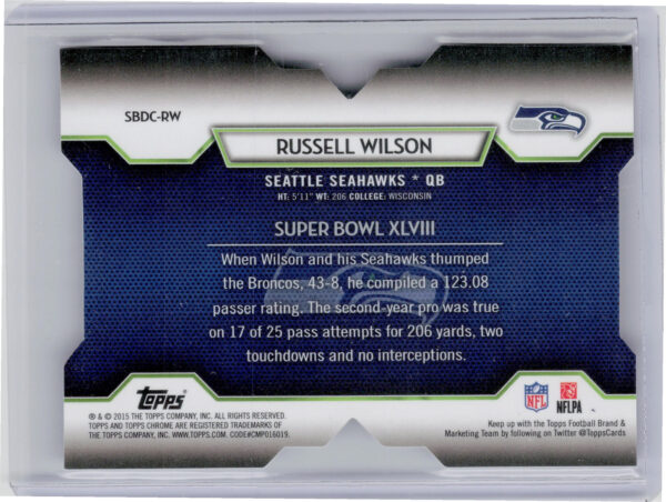 2015 Topps Chrome Russell Wilson SN99 #SBDC-RW Seahawks Super Bowl 50 Die Cut Re - Image 3