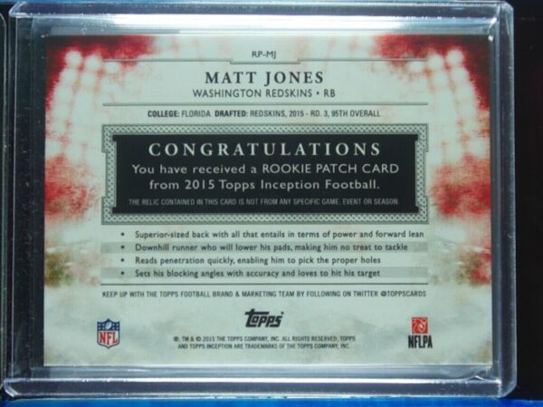 2015 Topps Inception Matt Jones SN10 MEM #RP-MJ Redskins Rookie Patches Blue - Image 3