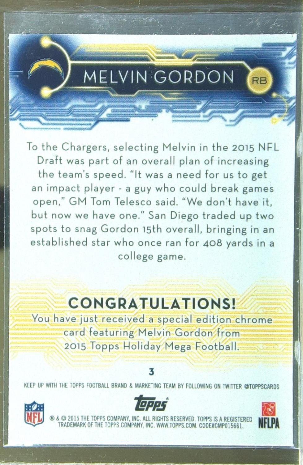 2015 Topps Melvin Gordon RC #3 Chargers - Image 3