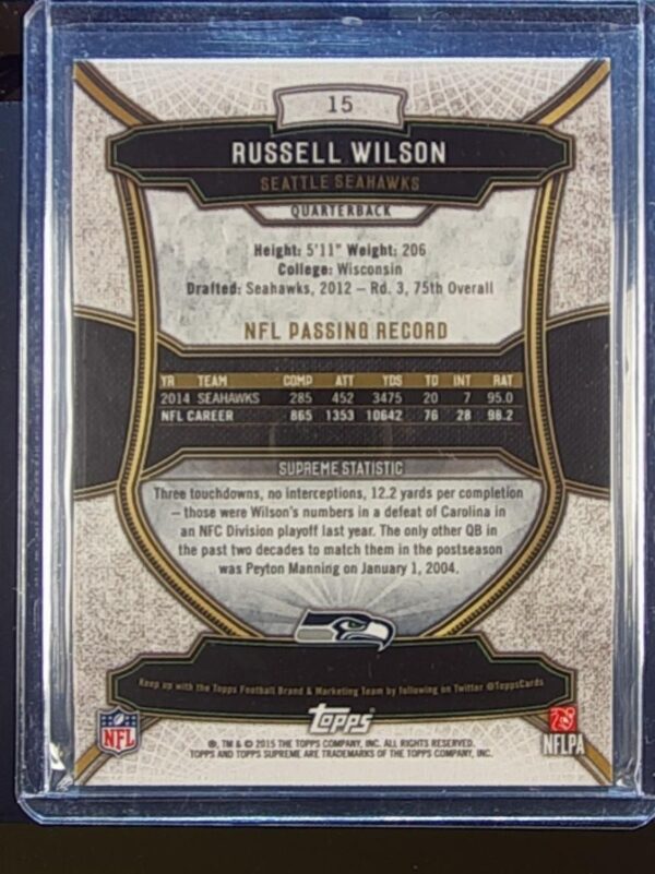 2015 Topps Supreme Russell Wilson Violet /99 #15 Seahawks - Image 3